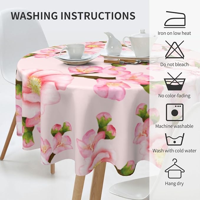 Japanese Tablecloth, Navy Blue Koi Traditional Cherry Blossom Vintage Floral Oriental Water Resisitant Wipeable Table Cover for Dining Kitchen Living Room Home Party Holiday Decor 36 inch Round