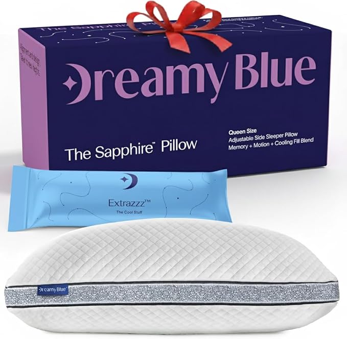 DreamyBlue Gusseted Sapphire Pillow • Adjustable Loft, Luxury Cover, Shredded Memory Foam Fill w/Cooling Beads • Ideal for Wide Shoulders • Neutral Alignment for All • CertiPUR-US Certified (Queen)