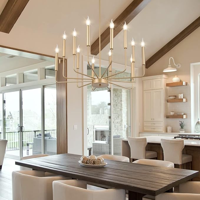Modern Farmhouse Gold Chandelier, 12-Light Rustic Candle Chandelier, Industrial Hanging Chandeliers for Dining Room, Kitchen, Foyer, Entryway, Living Room
