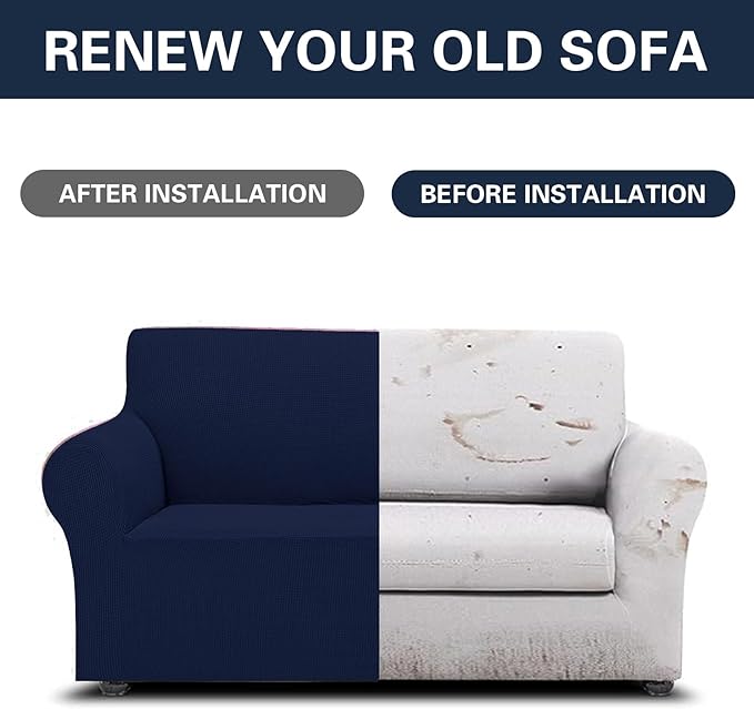 Cupuamon 2025 New Stretch Loveseat Sofa Slipcovers Couch Cover for 2 Cushion Furniture Protector Sofa Covers with Elastic Bottom Jacquard Fabric Small Checks for Pets, Kids - Navy