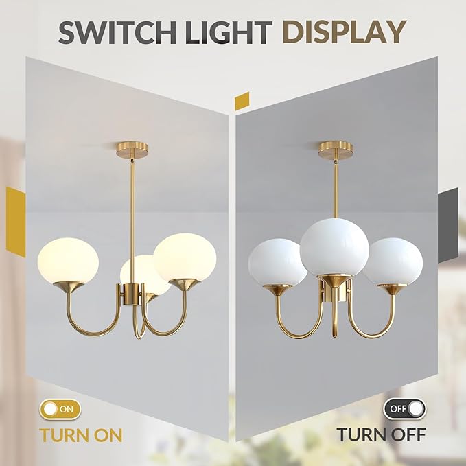 BOKT Mid Century Modern Globe Sputnik Chandelier Vintage 3 Light Milk Glass Pendant Light Large White and Gold Ball Chandelier Light Brushed Brass Sputnik Hanging Light Fixture for Bedroom