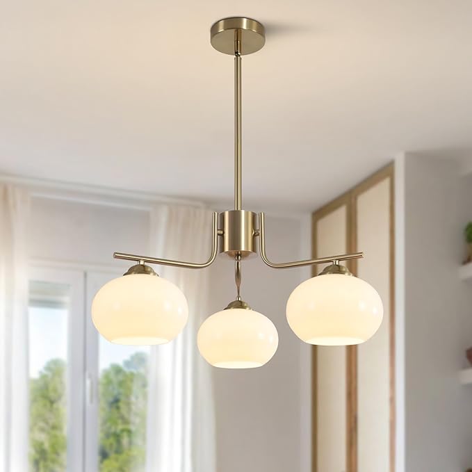 KCO Lighting Mid Century Modern Globe Pendant Light 3-Light Milk Glass Chandelier Gold Sputnik Chandelier Light Fixture Brushed Brass Pendant Lighting for Kitchen Island (3-Light)