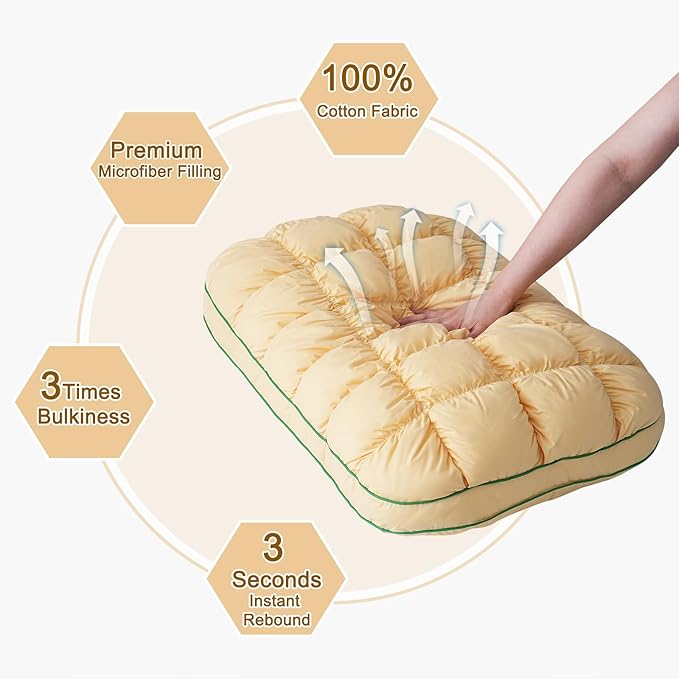 YOUR MOON Fluffy Support Bed Pillow Queen Size, Super Soft Premium Down Alternative Filling for Sleeping, Luxury Hotel Quality Bed Pillows for Side Sleeper (Yellow)