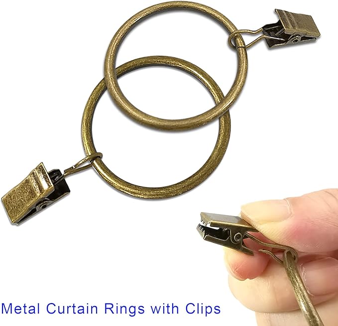 40 Pack Metal Curtain Rings with Clips, Drapery Clips with Rings, Curtain Rod Clips Hooks, Decorative Windows Hanging Curtain Hangers, 1.5 Inch Interior Diameter, Bronze