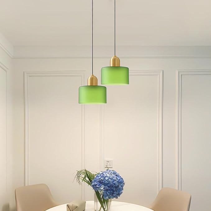 Modern Glass Pendant Light, E26 Hanging Light Fixture with Gold Metal Socket, Adjustable Cord Ceiling Lighting for Kitchen, Dining Room, and Bedroom (Frosted Green)
