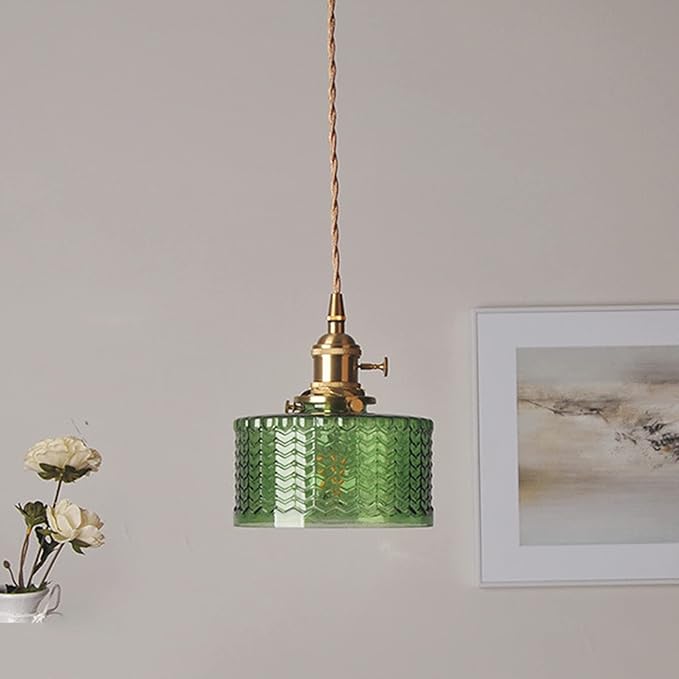 Vintage Pendant Light Fixtures, Brass Socket with ON/Off Switch and Green Glass Lamp Shade Pendant Light for Kitchen Island Farmhouse Living Room (Green,Scaly)