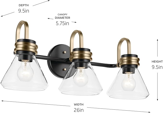 Kichler Farum 26" 3-Light Vanity Light with Clear Glass in Black, for Single or Double Vanity, Over a Mirror, Powder Room, Bathroom (26" W x 9.5" H) 55155BKCLR