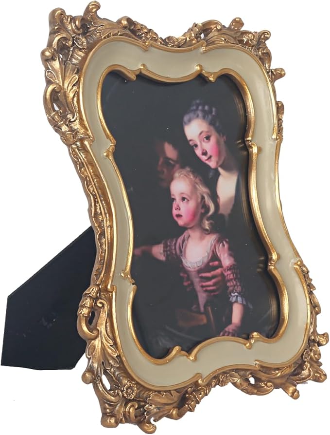 WINPLUS+ 5x7 Vintage Picture Frame, Luxury Antique Rectangular Photo Frame In Ivory Tone With Intricate Waved Floral Design, Wall Mount and Tabletop Display, Art Gallery Gift (Ivory and Gold 5x7)