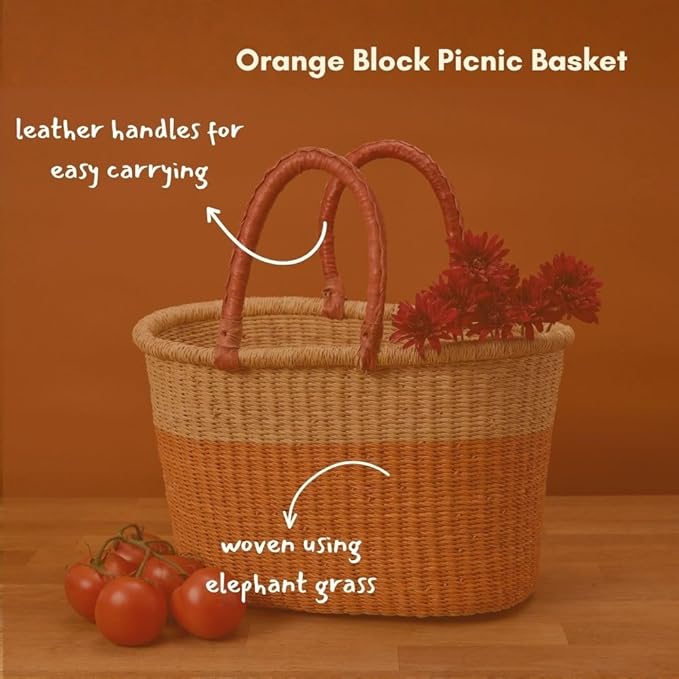 Picnic Basket - Large, Leather Handle | Garden Harvest, Fruit Picking, Farmers Market, Reusable Grocery | Woven, Wicker, African (Orange)