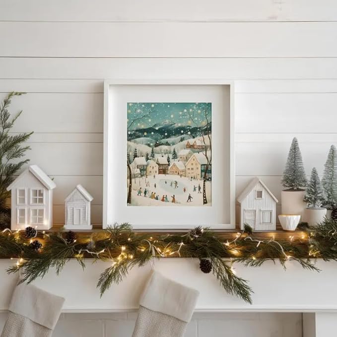 OZCONO Christmas Village Wall Art for Holiday Home Decor, Farmhouse Art, Pastel Winter Landscape Artwork, Snowy Town Scene, Cottagecore Xmas Print (Unframed) (27x40)