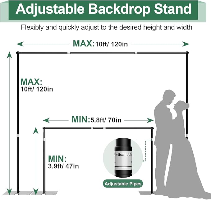Pipe and Drape Backdrop Stand Kit 10x10ft, Heavy Duty Back Drop Adjustable Stand with Carry Bag, Metal Background Frame for Parties Wedding Birthday Decoration Photography Photo Booth Video