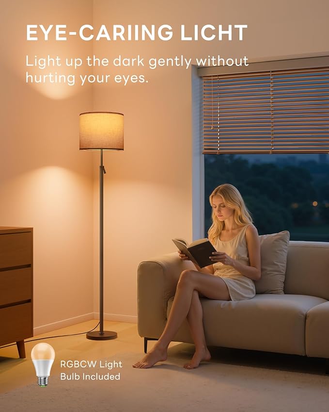 Floor Lamp for Living Room with RGBCW Color Changing Bulbs Dimmable, Adjustable Height Standing Lamp with Remote Control, 10W 1200 Lumen, Tall Lamp for Living Room, Bedroom, Office