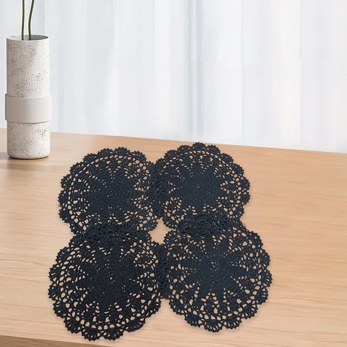 PHANTOMON Crochet Doilies Handmade Round Cotton Lace Table Placemats Knitted Tablecloth, Star Pattern Rippled Edge, Pack of 4 (10 Inch, Black)