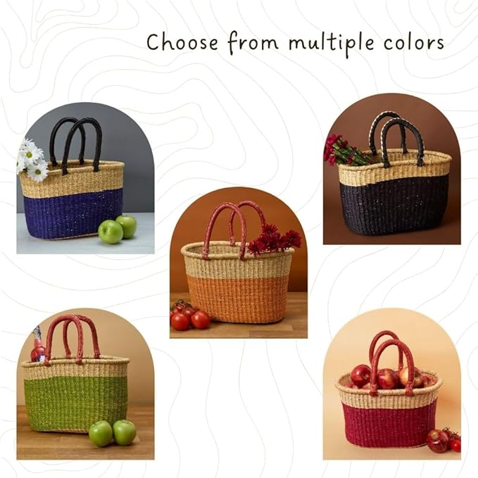 Picnic Basket - Large, Leather Handle | Garden Harvest, Fruit Picking, Farmers Market, Reusable Grocery | Woven, Wicker, African (Orange)