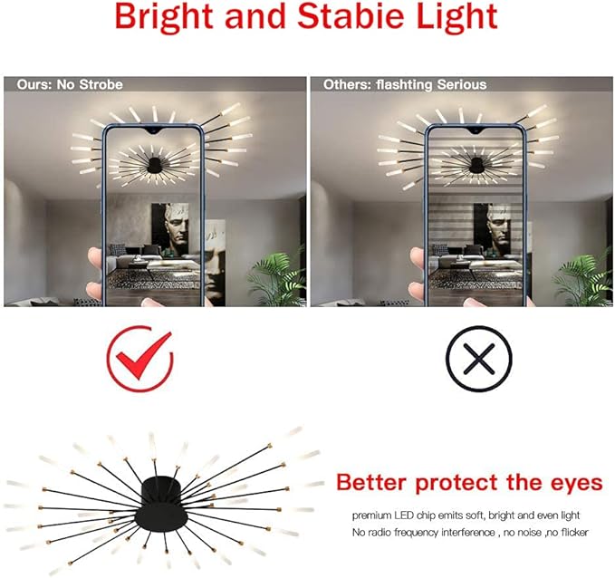 JAYMP Ceiling Light Modern Flower Shape Ceiling Lamp for Living Room Dining Room Flush Mount Metal Acrylic Sputnik Firework Petal LED Lighting Fixture (Matte Black, 42 Lights)