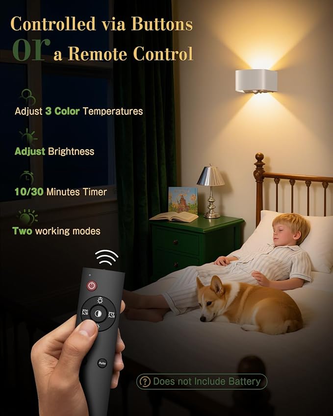 Wall Light Motion Sensor 2 Pack, Wall Sconces LED Indoor with Remote Control 3 Colors Brightness Adjustable 5000mAh Rechargeable Battery Powered Wall Lamps for Bedroom Living Room