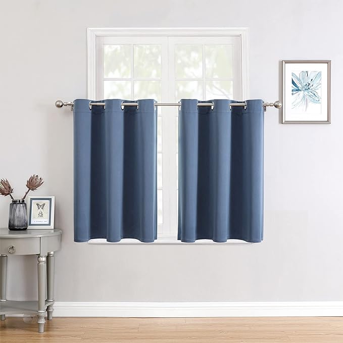 ChrisDowa Small Window Curtains for Kitchen and Bedroom - Grommet Short Thermal Insulated Room Darkening Curtains (2 Panels, Stone Blue, 52 x 36 Inch)