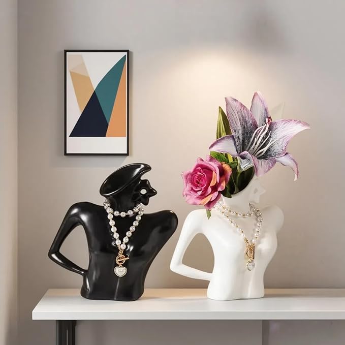 Ceramic Vase with Detachable Necklace — Elegant Female Curves Home Decor, Artistic Tabletop Vase for Bookshelf, Dining Table, Living Room, Kitchen, or Office, Perfect with Artificial or Dried Flowers