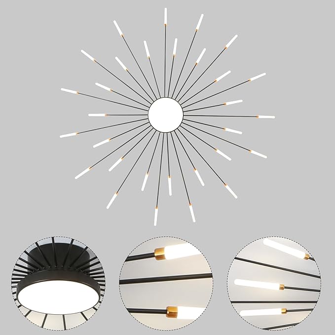 JAYMP Ceiling Light Modern Flower Shape Ceiling Lamp for Living Room Dining Room Flush Mount Metal Acrylic Sputnik Firework Petal LED Lighting Fixture (Matte Black, 30+1 Lights)