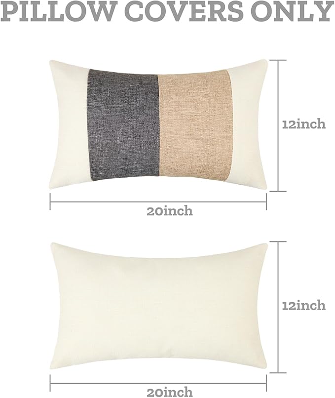 Pyonic Boho Lumbar Pillow Covers Cream White and Grey Throw Pillow Covers 12X20 Set of 2 Farmhouse Decorative Linen Pillow Covers for Couch Sofa Living Room