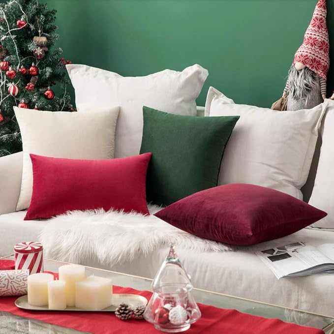 MIULEE Pack of 2 Velvet Soft Solid Decorative Christmas Square Throw Pillow Covers Cushion Case for Sofa Couch Bedroom Car 16x16 Inch Wine Red