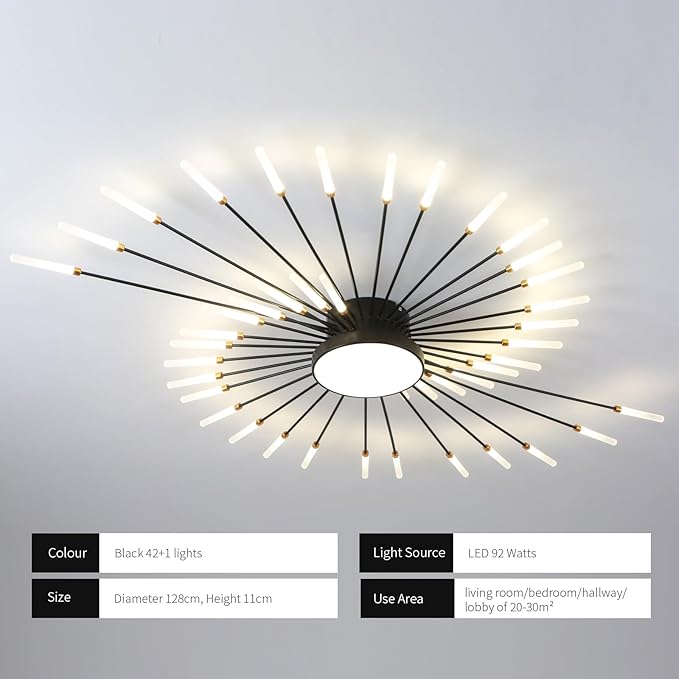 JAYMP Ceiling Light Modern Flower Shape Ceiling Lamp for Living Room Dining Room Flush Mount Metal Acrylic Sputnik Firework Petal LED Lighting Fixture (Matte Black, 42+1 Lights)