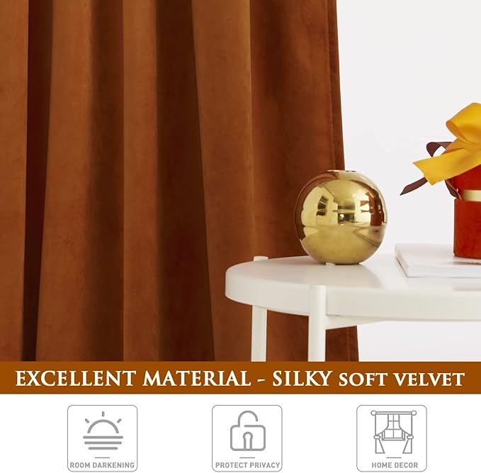 StangH Burnt Orange Velvet Curtains Light Blocking Bedroom Panels 102 inches Long, Thermal Insulated Window Treatment Soundproof for Study/Office Luxury Decor for Hallway, W52x L102, 2 Panels