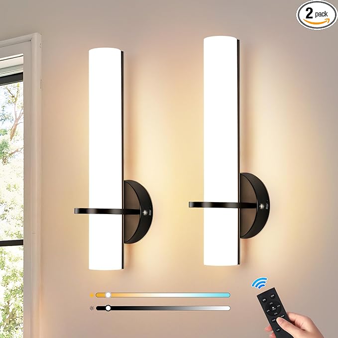 Black Battery Operated Wall Sconces Set of 2, 10000mAh Rechargeable Wireless Wall Sconce with Remote Control, 3000K-6000K Dimmable LED Wall Lights for Living Room Bedroom Hallway 15 Inch