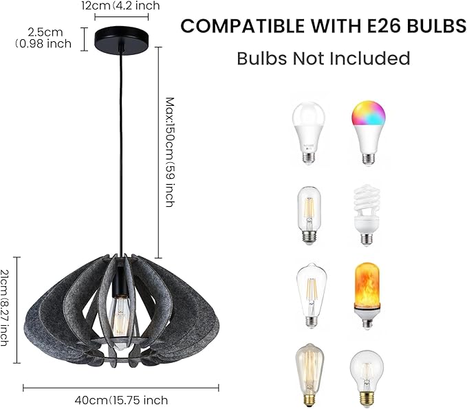 Pendant Light with Felt Lampshade, Modern Hanging Lamp Fixture, DIY Acoustic Pendant Light Chandeliers for Kitchen Island, Living Room, Dining Room, Bedroom, Office (D15.7"x8.3")