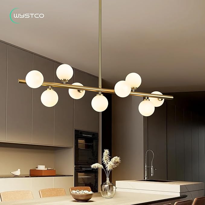 Mid Century Modern Globe Sputnik Chandelier, 9-Light Linear Chandeliers for Dining Room and Kitchen Island, Dining Light Fixture Over Table, Brass Gold and Milk White Glass Bubble, 40 Inch