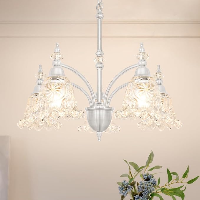 Vintage 5 Light Chandelier, Brushed Nickel Dining Room Light Fixtures Over Table, Farmhouse Glass Chandelier Ceiling Light Fixture for Kitchen, Dinning, Foyer, Bathroom, Living Room