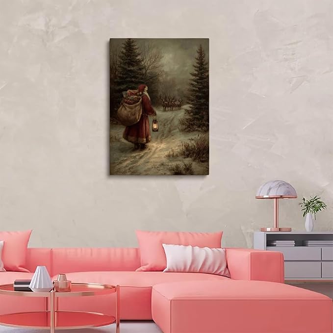 Old World Santa and Reindeer Wall Art,Vintage Christmas Portraits Painting,Cozy Winter Wall Decor,Antique Christmas Print,Holiday Artwork