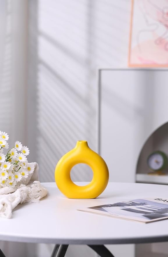 Modern Donut-Shaped Decorative Vases, Handmade Minimalist Boho ins Style, Modern Vase for Home Decor for Wedding Dinner Table Party Living Room Office Bedroom (Yellow, Small)