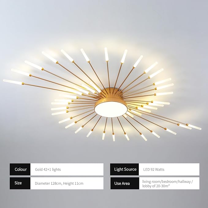 JAYMP Ceiling Light Modern Flower Shape Ceiling Lamp for Living Room Dining Room Flush Mount Metal Acrylic Sputnik Firework Petal LED Lighting Fixture (Matte Gold, 42+1 Lights)