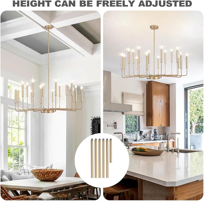 Modern Farmhouse Gold Chandelier, 16-Light Rustic Candle Chandelier, Industrial Hanging Chandeliers for Dining Room, Kitchen, Foyer, Entryway, Living Room