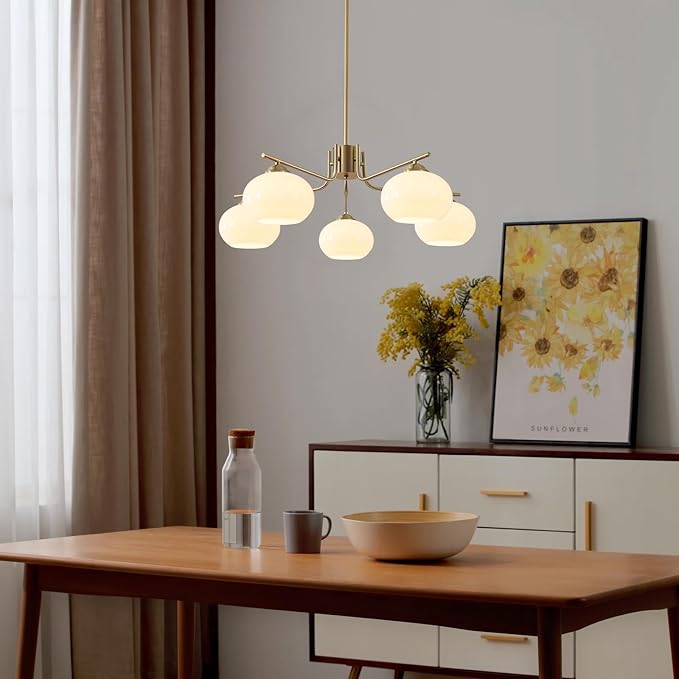 KCO Lighting 5-Light Globe Flush Mount Sputnik Chandelier Modern Brass Gold Pendant Lighting Fixture Milk Glass Ball Kitchen Island Chandelier Dining Room Light Fixture