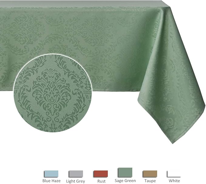 maxmill Square Table Cloth Damask Design Water Proof Wrinkle Free Heavy Weight Soft Tablecloth Decorative Fabric Table Cover for Outdoor and Indoor Use Square 60 x 60 Inch Sage Green