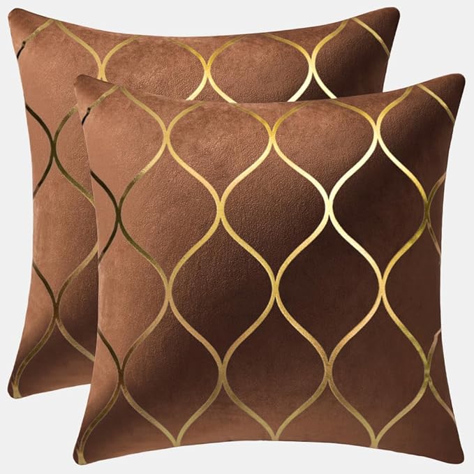Gold Velvet Throw Pillow Covers: 2 Pack 22x22 Inch Square Decorative Pillow Cases for Bedroom Sofa Couch Living Room, Light Brown