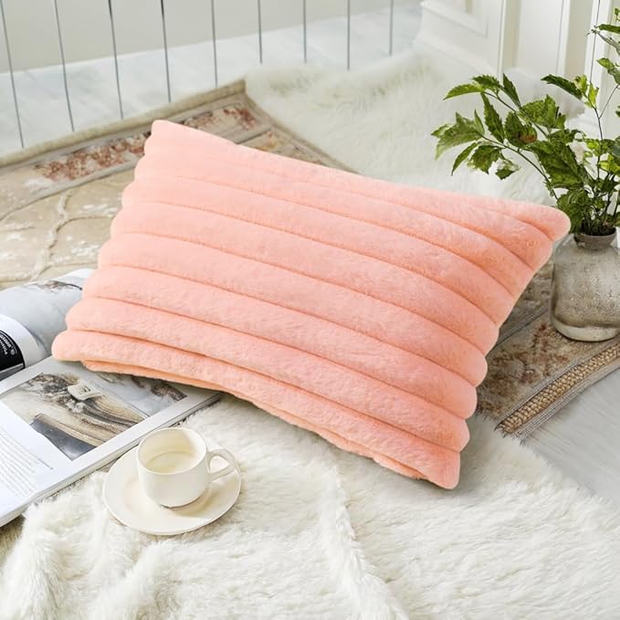 decorUhome Faux Fur Christmas Throw Pillow Covers 12x20 Set of 2, Decorative Soft Plush Striped Neutral Couch Euro Pillow Covers with Velvet Back for Sofa, Bed, Living Room Home Decor, Blush Pink