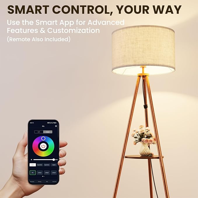 Tripod Floor Lamp with Shelves, Mid Century Modern Metal Standing Lamp with Remote & App Control, Dimmable RGB Smart Bulb Included, E26 Base for Living Room, Bedroom, Office - Boho Decor