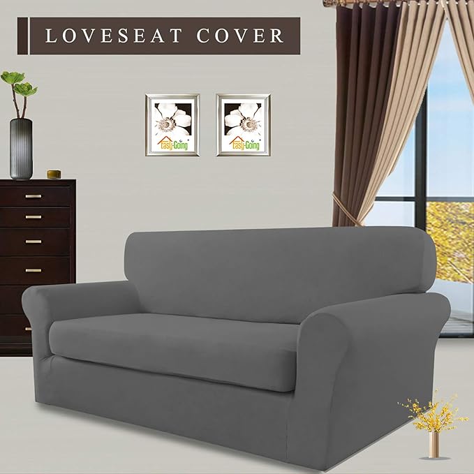 Easy-Going 2 Pieces Microfiber Stretch Sofa Slipcover – Spandex Soft Fitted Sofa Couch Cover, Washable Furniture Protector with Elastic Bottom Kids, Pet (Loveseat, Grey)