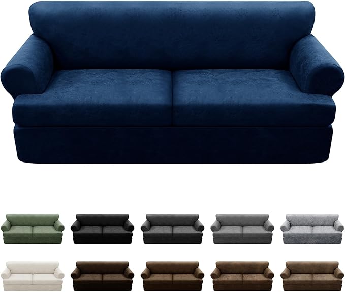 3-Pieces T Cushion Sofa Slipcovers Leather Look Couch Cover for 2 Cushion Couch Furniture Protector Stretch Sofa Cover with 2 Individual T Cushion Seat Covers Washable, Navy