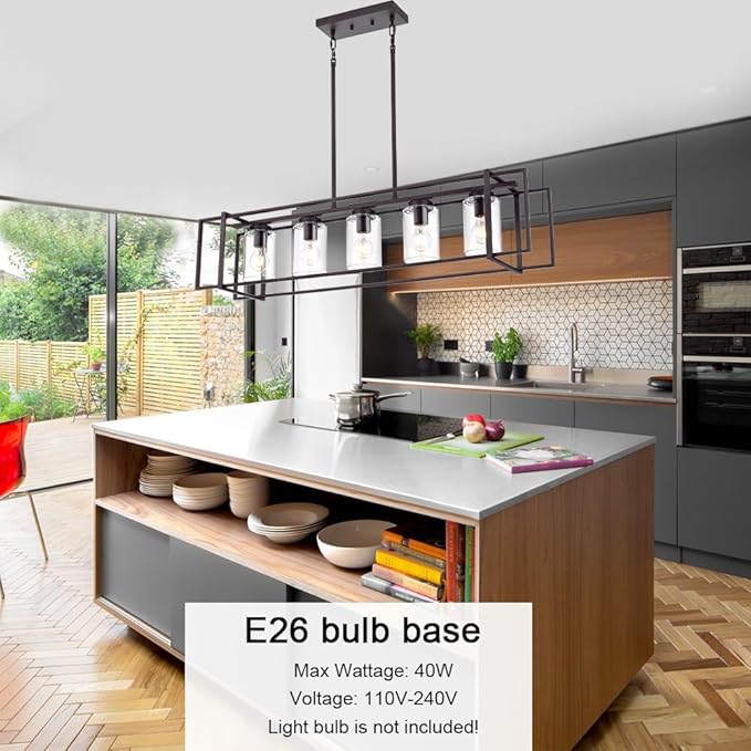 Oil Rubbed Bronze Kitchen Island Light Industrial Adjustable Pendant Lighting Open Rectangular Frame Design, 5-Light Vintage Fixture with Transparent Glass Shades