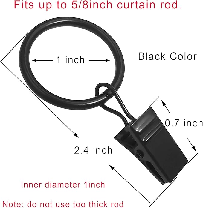 44 Pack Curtain Rings Hooks, Hanger Clips for Hanging Drapery Drapes Bows, 1 inch Interior Diameter, Fits up to 5/8" Rod, Black