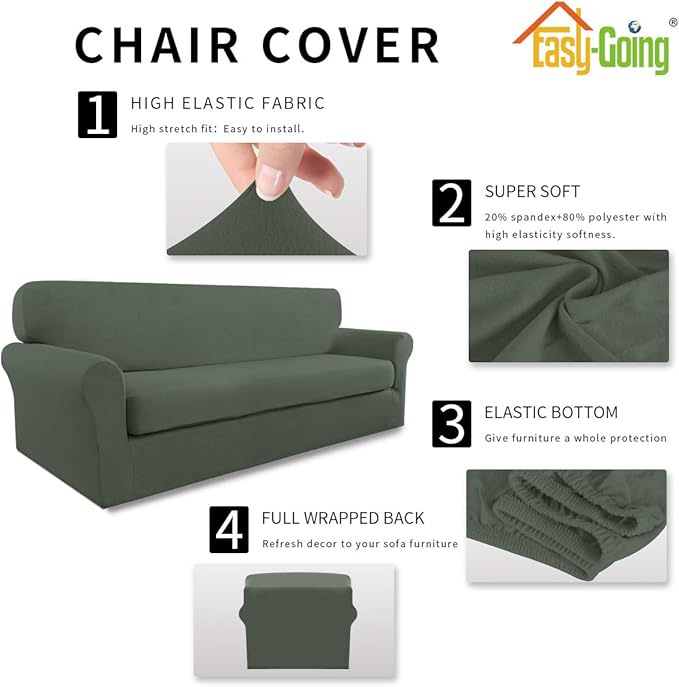 Easy-Going 2 Pieces Microfiber Stretch Sofa Slipcover – Spandex Soft Fitted Sofa Couch Cover, Washable Furniture Protector with Elastic Bottom Kids,Pet (Sofa, Greyish Green)