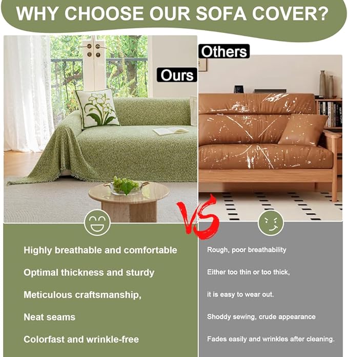 ROOMLIFE Green Sofa Cover,Couch Cover for Dogs Washable, Soft Chenille 3 Cushion Couch Covers for Sofa, Furniture Sofa Protector Loveseat Sectional Couch Throw Blankets with Tassels 71 '' X 134''