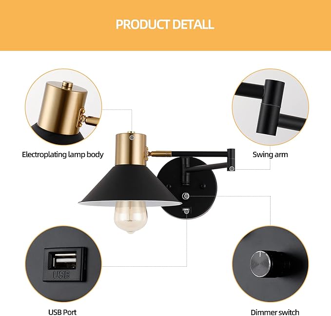 Swing Arm Wall Lamp Plug in Wall Sconces Adjustable Vintage Industrial Reading Light Bedside Wall Mount Light with Dimmable Switch and USB Port Black