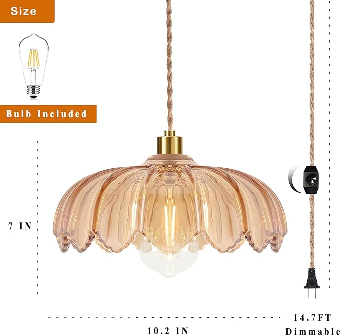 Plug in Pendant Light Hanging Lights with Plug in Cord Mid Century Modern Gold Hanging Lamp Glass Vintage Dimmable Flower Chandelier Ceiling Fixture for Living Room,Kitchen,Boho