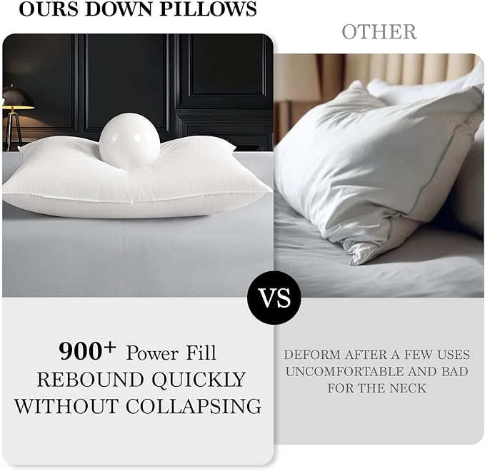 Shilucheng Goose Down Pillow Queen Size Set of 2 Pack,900+ Fill Power Luxury Hotel Quality Bed Feather Pillow for Side Back Stomach Sleepers, Soft 100% Cotton Shell（White,20" x 30"）