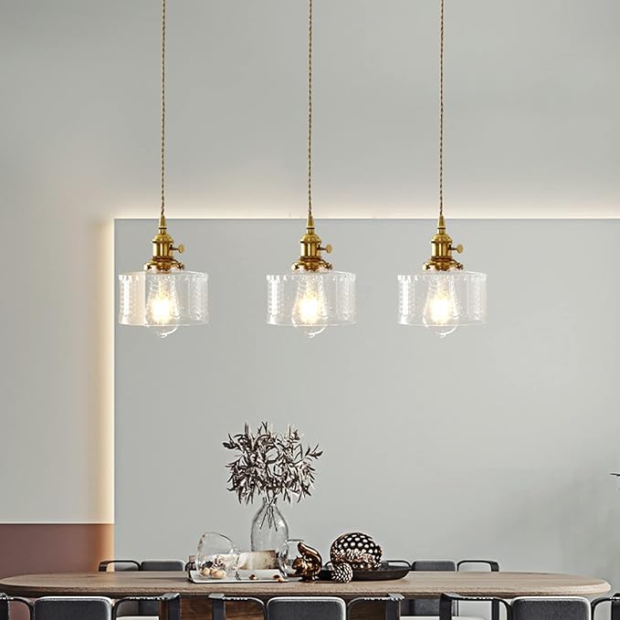 Vintage Pendant Light Fixtures, Brass Socket with ON/Off Switch and Green Glass Lamp Shade Pendant Light for Kitchen Island Farmhouse Living Room (Transparent,Scaly)